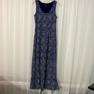 Maxi dress- beautiful crochet floral layer over dark blue mid-length liner